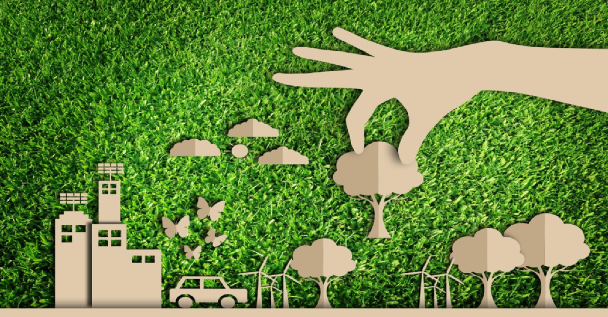 ilustración de sostenibilidad con iconos de naturaleza y medio ambiente sobre hojas verdes